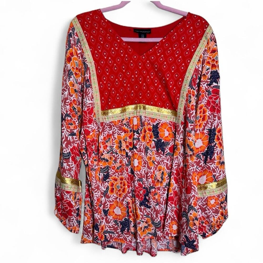 Cynthia Rowley Red Gold Floral Boho Blouse Womens 1X Fall Peasant Flowy Shirt - Picture 2 of 13
